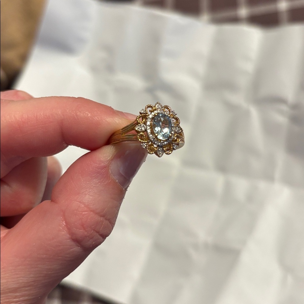 Oval Aquamarine 1/10 CT. T.W.Diamond Frame Vintage-Style Ornate Ring in 10K Gold - Picture 5 of 7